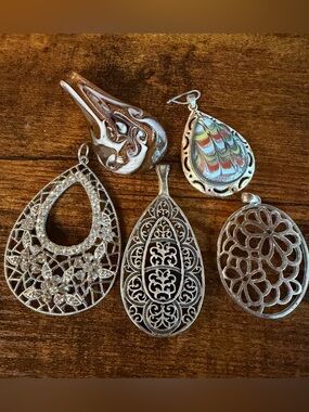Unique Bundle of Vintage Silver Filigree Teardrop & Glass Pendants